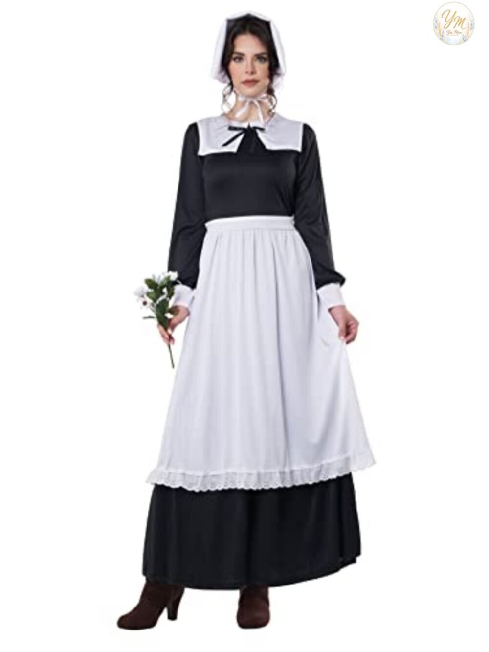 Pilgrim Woman Costume Black Dress Attached Apron Collar Bonnet Historical